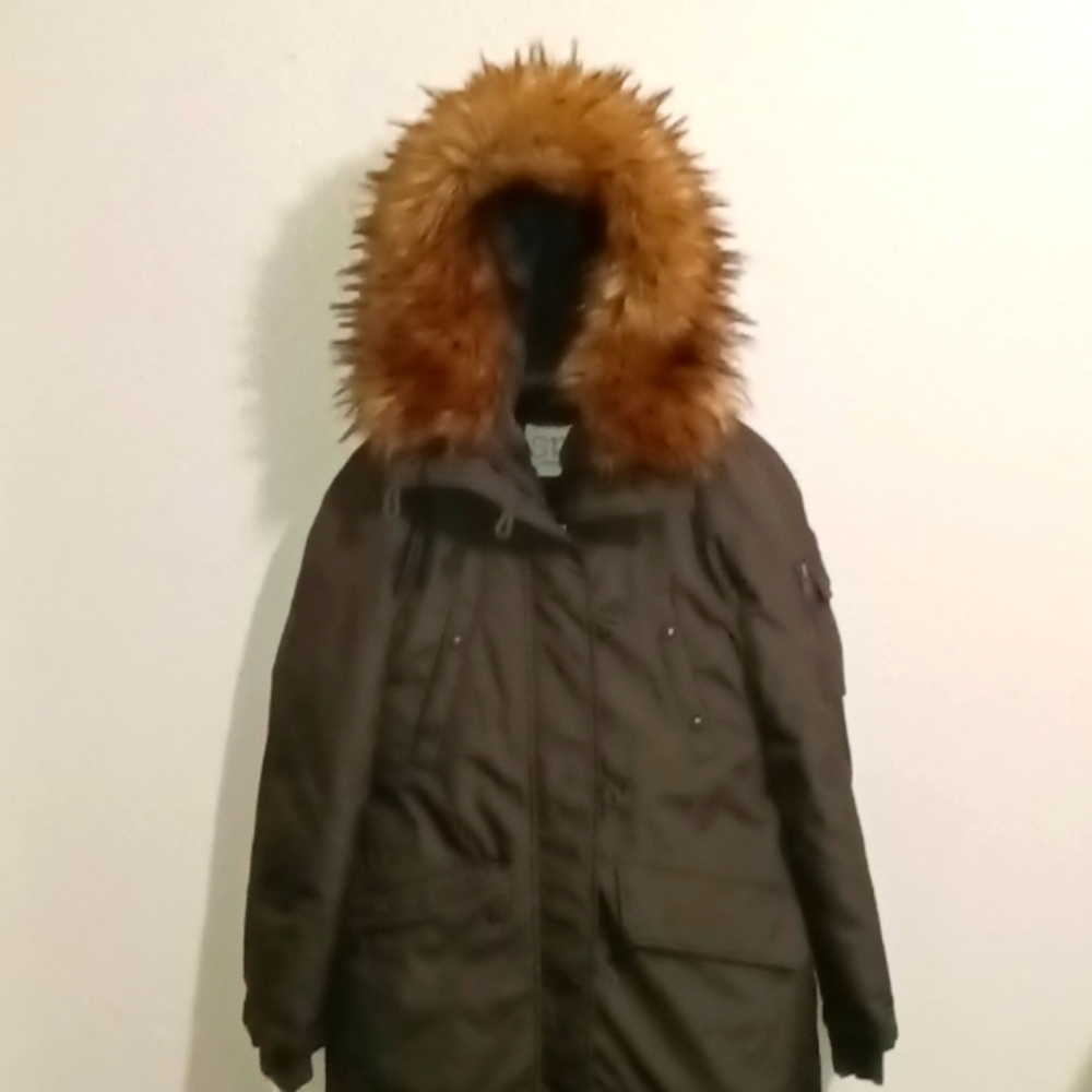 Warm comfy winter jacket with faux fur hood